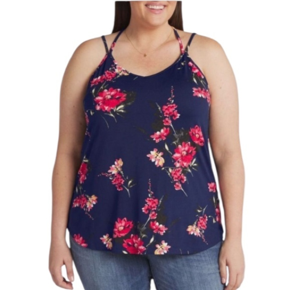 Papermoon Basima Back Detail Navy Floral Strappy Knit Tank Top Size 3X NWT